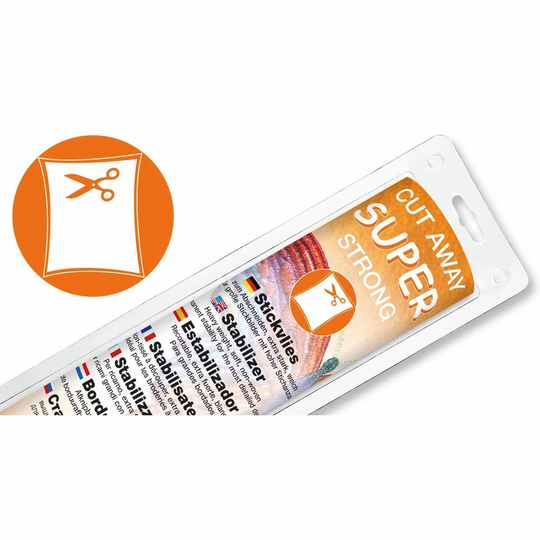 Weisse Packung mit mehrsprachiger Beschriftung fuer schneidbares Stickvlies, daneben rundes Symbol mit Schere auf Stoffpiktogramm image number